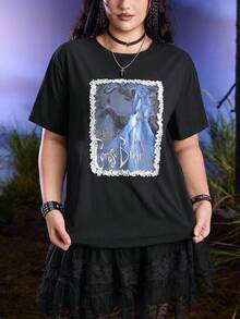 Corpse Bride X SHEIN 大码卡通人物图案圆领短袖T恤 - 黑色 - 查看 3