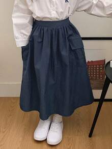 DAZY Young Girls Solid Color Casual Mid-Length Skirt Fall/Winter - Navy Blue - View 4