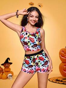 Notgurli Y2K Playful Girl Butterfly Print Cycling Shorts Women Pajama Set, Halloween - Multicolor - View 6
