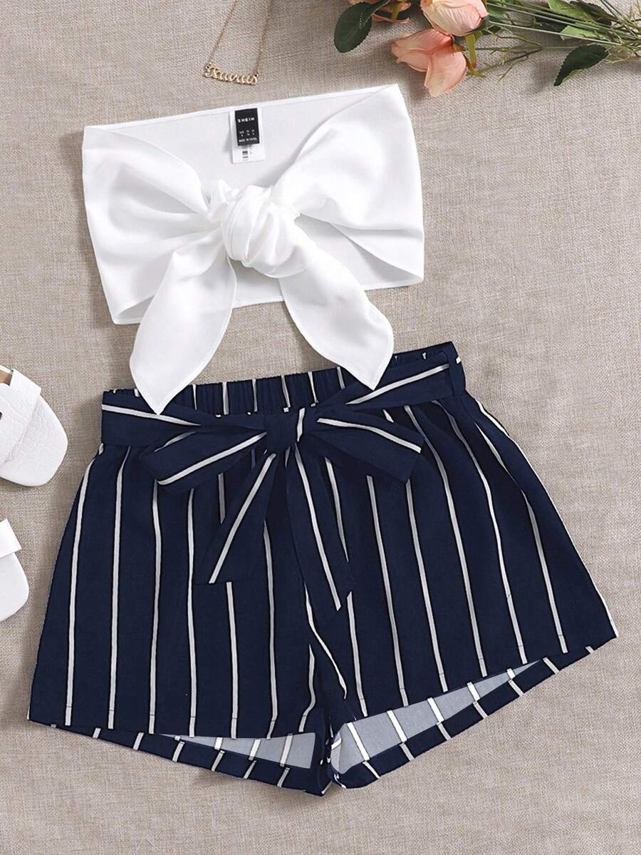 Soleia Bộ thời trang Thắt lưng Thắt nơ trước Sọc Boho - Màu xanh hải quân - Xem 1