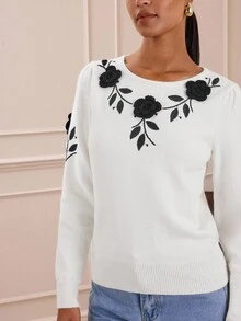 Lilora Women's White Floral Soft Pullover Sweater For Autumn,Elegant Tea Party 3D Decorated Skin-Friendly Knitwear,Retro Business Casual Old Money Style - White - View 6