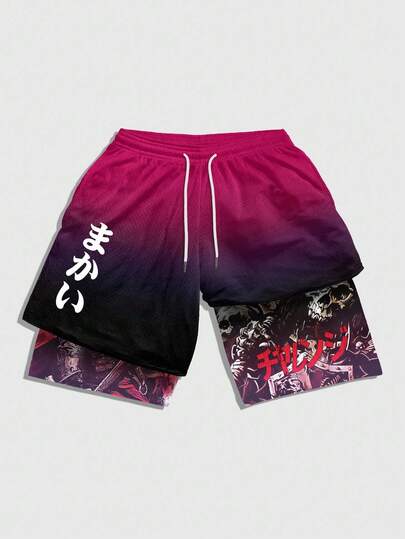 Anime Herren Sommer Lässig Shorts mit Farbverlauf Totenkopf Muster