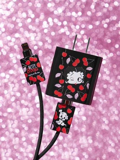 Betty Boop x SHEIN Funda protectora de cable de datos con figura de dibujos animados, compatible con cargador de , patrón impreso de cerezas, set de 3 piezas de protectores de cable de teléfono móvil, protector de cargador (excluyendo el cable de datos)