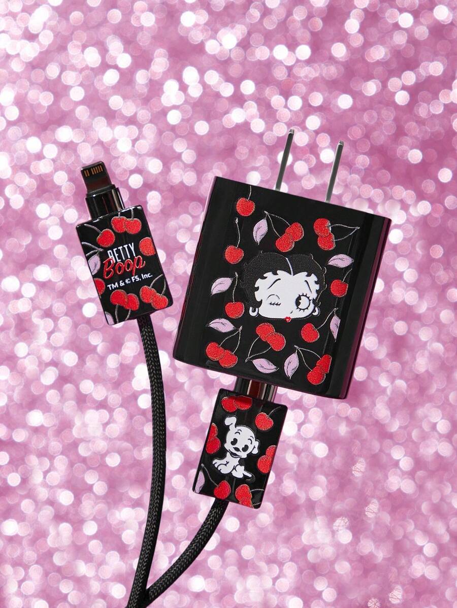 Betty Boop x SHEIN 卡通人物图形数据线保护套 兼容充电器 樱桃印花图案 3件套手机线保护套 充电器保护套(不含数据线) - 黑色 - 查看 1