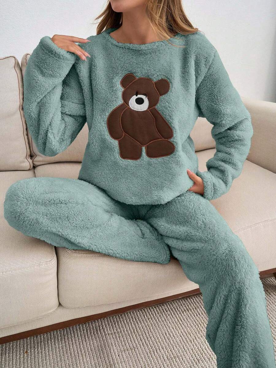 SHEIN Cottnline 2pcs Plush Bear Embroidery Detail Homewear PJ Set - Cadet Blue - View 1