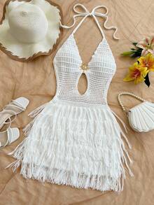 Soleia Vestido de suéter ajustado con escote en V, cuello halter y espalda descubierta, estilo bohemio, para vacaciones, otoño/invierno - Blanco - Ver 5