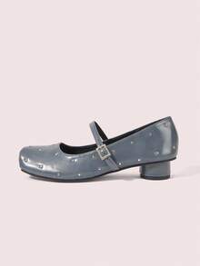 CUCCOO DOLLMOD Damen Quadratische Zehenkappe Nieten Dekor Schwarze Quadratische Zehenkappe High Heel Mary Jane Schuhe, Zylinderabsatz, klassischer Retro Stil