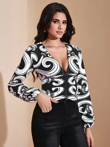 JIAN LASALA 全印花深V领褶裥腰长袖女式上衣，秋季休闲装，适合外出、派对、冬季婚礼宾客等场合，尽显奢华时尚。 - 彩色 - 查看 3