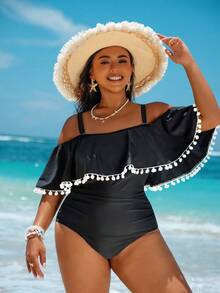 Swim Vcay Plus Size Summer Vacation Ruffled Ruffle One-Piece Swimsuit - Black and White - View 6