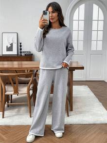 EMERY ROSE 女士休闲宽松圆领落肩长袖高低下摆 T 恤和裤子两件套，秋季 - 灰色 - 查看 4