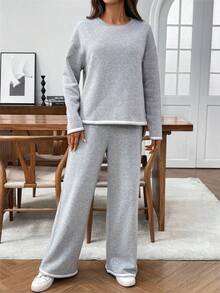 EMERY ROSE 女士休闲宽松圆领落肩长袖高低下摆 T 恤和裤子两件套，秋季 - 灰色 - 查看 6