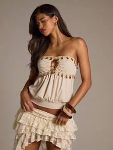 Aloruh Women's Rhinestone Fringe Hem Tube Top, Elegant Party Boho Clothing Tops Fall White Top Y2k Going Out Tops Women - Apricot - View 4
