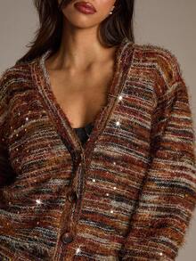 Aloruh Women's Faux Fur Jacket,Brown Striped Colorful Bohemian Style,Sequin Fabric Glamorous Casual Autumn Winter Ladies Halloween Costumes Retro Occasion - Multicolor - View 4