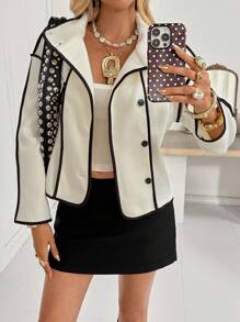 SHEIN Essnce 女士秋冬羊毛混纺撞色饰边长袖夹克 - 黑與白 - 查看 4