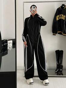 StreetHx Women's Fashion Sporty Color Block Jumpsuit - Black - View 5
