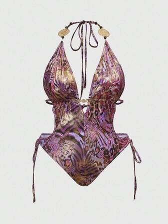 Hippie Combinaison léopard métallique sexy rétro Y2K grande taille avec décoration, style de fête