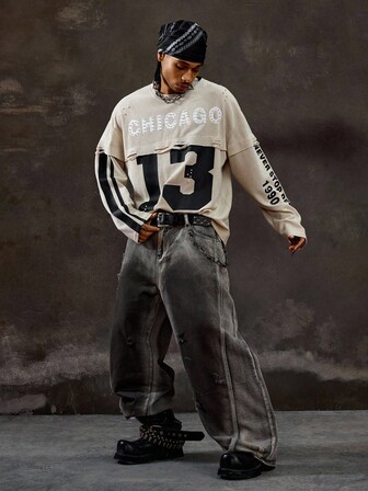 Prep Men's Casual Fashion Street Sporty Numeric & Letter Print Contrast Stripe Faux Pearl Decor Distressed Loose T-Shirt, Spring/Autumn