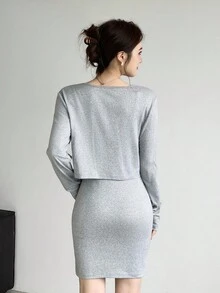 Celisse 2件套女士休闲褶皱吊带背心连衣裙和夹克套装 - 灰色 - 查看 2