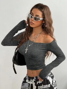 Coolane Girls Fall/Winter Daily Wear Essentials Knit Stretchy Comfy Asymmetrical Neck Long Sleeve Tops Gray Crop Top