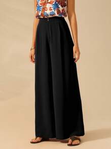 CAJUNI 女士宽松阔腿休闲裤，海滩度假夏季长裤 - 黑色 - 查看 5