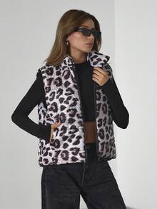EURMUSE All-Over Leopard Printed, Zip-Up Winter Vest - Multicolor - View 1