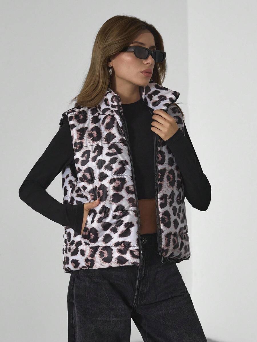 EURMUSE All-Over Leopard Printed, Zip-Up Winter Vest - Multicolor - View 1