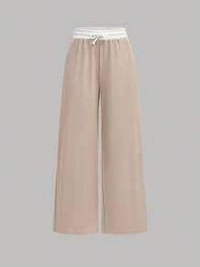 SHEIN Girlism Bộ áo thun bó sát dệt kim màu tương phản dành cho bé gái tuổi teen và quần cạp chun rộng rãi, trang phục thể thao đường phố, phù hợp cho mùa xuân/hè, trường học, bóng đá, hoạt động ngoài trời - Màu Khaki - Xem 9