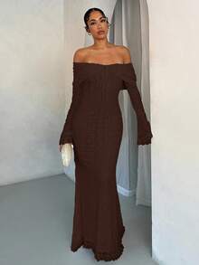 SHEIN BAE 女款優雅深棕色蕾絲露肩長袖魚尾禮服，適合秋季晚宴、婚禮賓客、派對、舞會、情人節穿搭與聚會 - 咖啡棕 - 查看 4