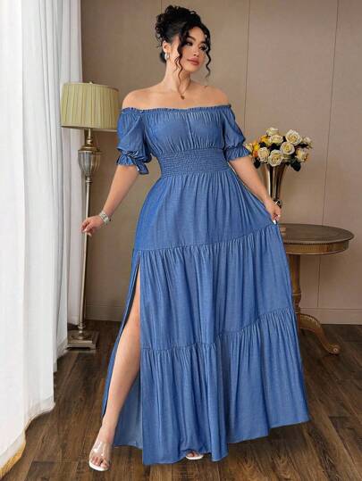Elenzga Vestido largo elegante de aspecto de mezclilla azul con hombros descubiertos y cinturón para mujer de talla grande, vestido casual formal con abertura lateral tipo maxivestido para primavera/verano