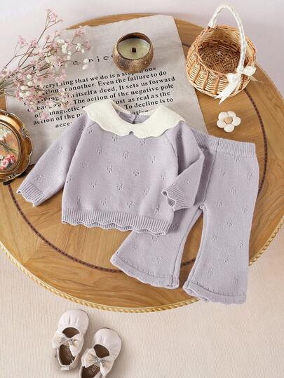 SHEIN 2 件女婴针织毛衣套装 - 灰紫色时尚优雅套头毛衣 + 纯色喇叭针织裤，适合秋冬季，适合休闲、居家、户外、旅行