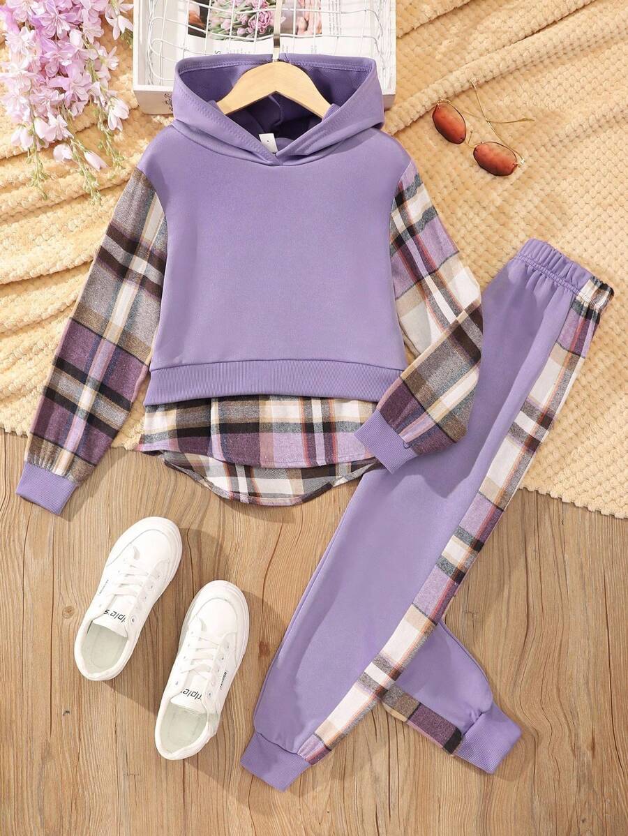 SHEIN Tween Girl Plaid Patchwork Hoodie And Pants Set Fall Winter - Purple - View 1