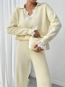 Modelyn 女士休闲撞色蕾丝长袖毛衣和裤子套装，秋冬 - 杏色 - 查看 7