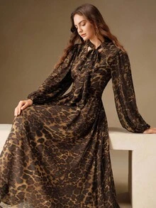 Anewsta New Autumn Vacation Style Sexy Leopard Print V-Neck Long Sleeve Cinched Waist Bow Dress For Women - Multicolor - View 7