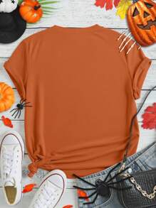 EMERY ROSE Pumpkin Spice Autumn Printed Casual Plus Size T-Shirt Halloween - Brown - View 2