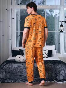 CoupledUp Halloween Funny Pumpkin Print V-Neck Contrast Color Block Men Casual Sleepwear Set - Orange - View 3