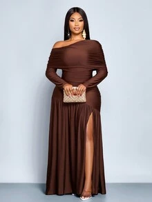 SOLERSUN Vestido largo de punto con abertura frontal, cuello de parche, hombro descubierto, manga larga y plisado en el borde para mujeres de talla grande. Ideal para fiestas, citas, graduación, boda, Halloween, Navidad y Año Nuevo - Café integral - Ver 6