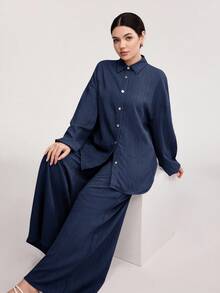 Veilorie 女士春夏纯色落肩灯笼袖衬衫和裤子休闲套装两件套 - 藏蓝色 - 查看 5