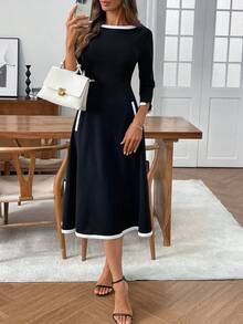 Miaspire Women's Color Block Round Neck 3/4 Sleeve Elegant Midi Commuter Dress,Fall Wedding Guest Dress - Black - View 3