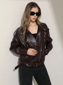 Aveloria Modichic Women's Fashionable Versatile Distressed Effect Metal Zipper Faux Leather Motorcycle Jacket - Burgundy - View 6