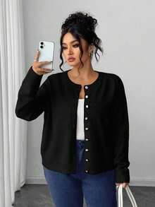 Elenzga Plus Size Casual Solid Color Gold Button Long Sleeve Cardigan Fall Winter Cloth For Women Autumn - Black - View 1