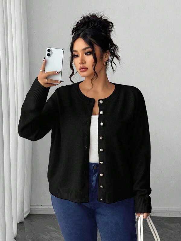 Elenzga Plus Size Casual Solid Color Gold Button Long Sleeve Cardigan Fall Winter Cloth For Women Autumn