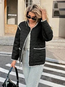 SHEIN Frenchy Women's Casual Contrast Trim Padded Coat, Autumn Winter, Chic Autumn , Fall For Women , Contrast Color Coat , Elegant Coat For Women, Going Out, Warmth Black