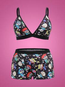 Nick 90s | SHEIN 加大码卡通图案文胸和平角裤套装 - 黑色 - 查看 3