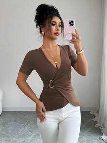 Elenzga Women's Asymmetric Ring Detail Ruched Waist Short Sleeve T-Shirt, Suitable For Commuting And Daily Wear, Summer