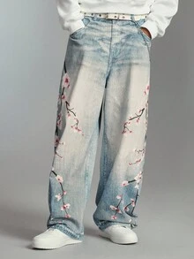 ROMWE MEN Street Life 男士宽松街头风梅花图案时尚宽松牛仔裤 - 藍色 - 查看 6