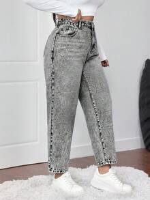 SHEIN ICON Plus Size Women Blue Casual Slim Tapered Cropped Jeans - Grey - View 4