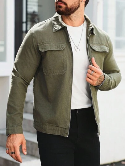 Manfinity Homme Military Green Fitted Washed Denim Jacket With Large Pockets, Casual For Spring/Summer Men Zip Up Shirt Y2K Acid Washed For Slim-Fit