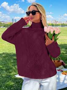 EURMUSE Pull col roulé en tricot torsadé rose vif doux au toucher pour femmes - Rouge foncé - Voir 5