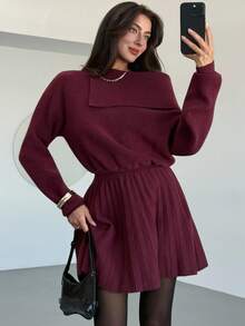 Aloruh 秋季女装酒红色毛呢连衣裙收腰褶皱A字修身针织连衣裙长袖单肩斜肩毛衣裙冬季女装 - 酒紅色 - 查看 8