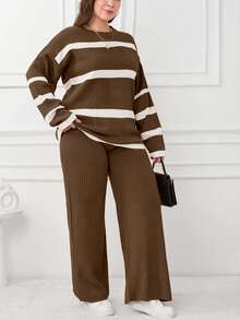 EURMUSE STRIPE DESIGN PLUS SIZE SWEATER CO-ORDS - Brown - View 3
